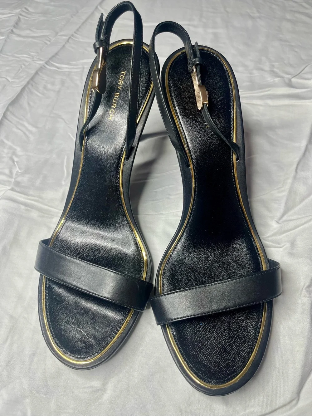 Tory Burch Blck Leather Double T Buckle Logo Accent Slingback Heel Size 9 1/2